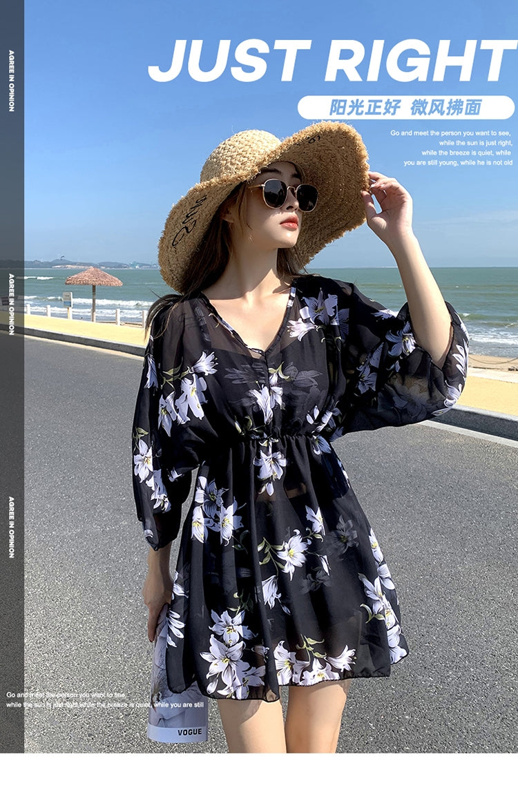 3-piece black holiday wear,swimsuit with white prints