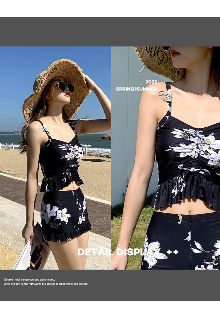 3-piece black holiday wear,swimsuit with white prints