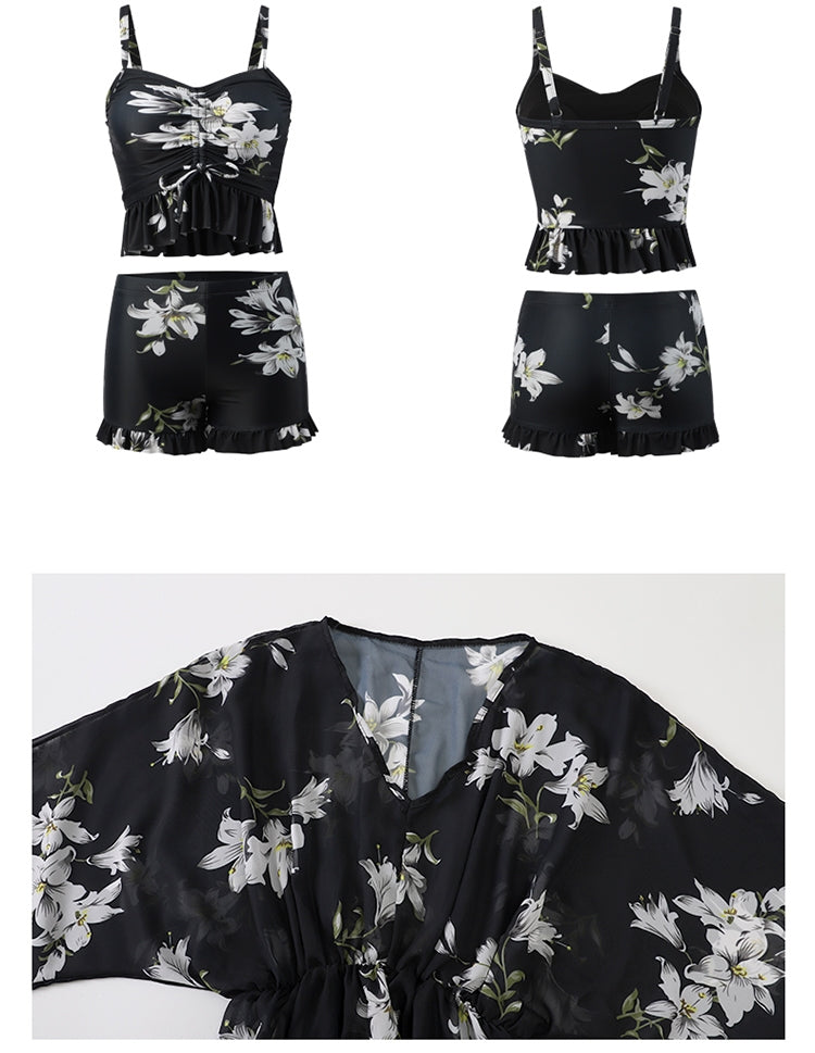 3-piece black holiday wear,swimsuit with white prints