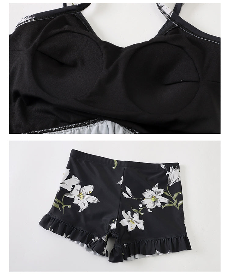3-piece black holiday wear,swimsuit with white prints