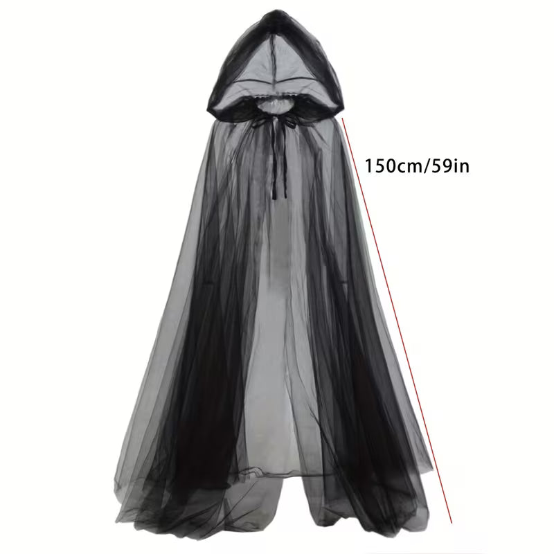 Black Bride Costume Accessory 2pcs Set, Witch Vampire Role-Play Veil, Halloween Double-Layer Cape for Games, Horror Party Costume, Props, Carnival Attire, and Dark Lace Mask