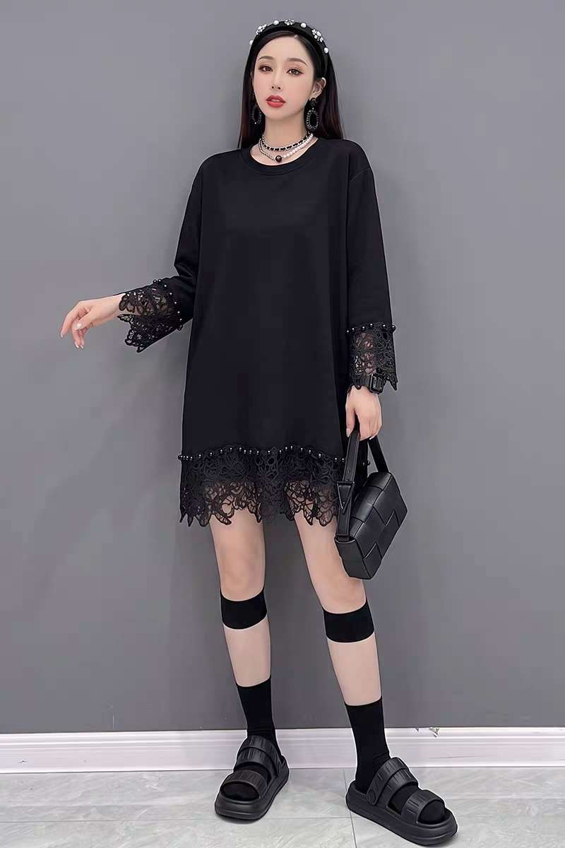 Gentle Style Lace Spliced Long-Sleeve T-Shirt for Women, Mid-Length T-Shirt/Sweatshirt Dress, Slimming, Designer, Versatile Top