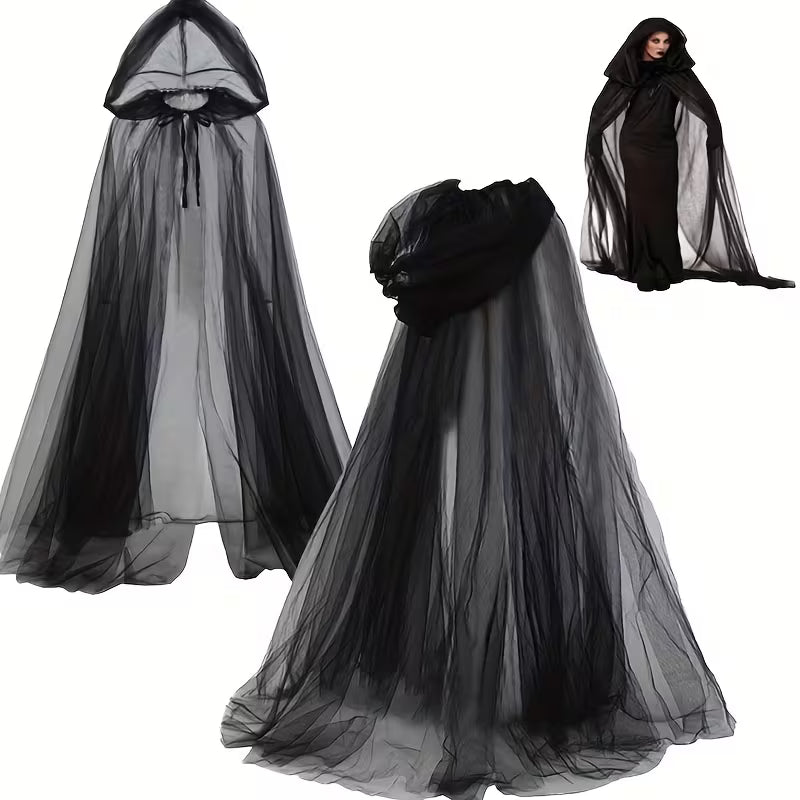 Black Bride Costume Accessory 2pcs Set, Witch Vampire Role-Play Veil, Halloween Double-Layer Cape for Games, Horror Party Costume, Props, Carnival Attire, and Dark Lace Mask