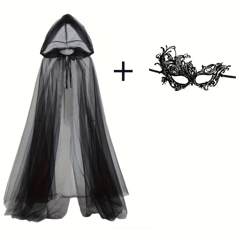 Black Bride Costume Accessory 2pcs Set, Witch Vampire Role-Play Veil, Halloween Double-Layer Cape for Games, Horror Party Costume, Props, Carnival Attire, and Dark Lace Mask