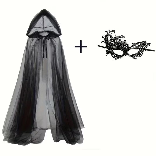 Black Bride Costume Accessory 2pcs Set, Witch Vampire Role-Play Veil, Halloween Double-Layer Cape for Games, Horror Party Costume, Props, Carnival Attire, and Dark Lace Mask