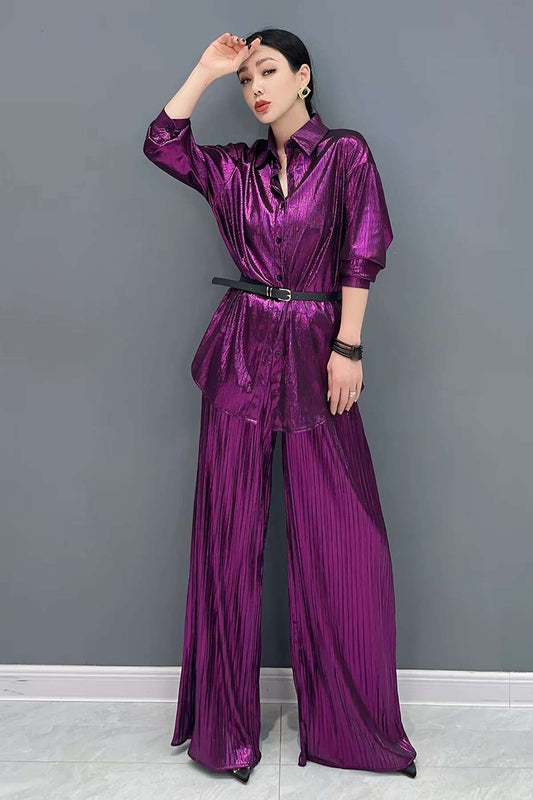 2026 Autumn New Arrival Women's Two-Piece Set, Glossy Pleated Long Shirt and Wide-Leg Trousers, Casual & Fashionable